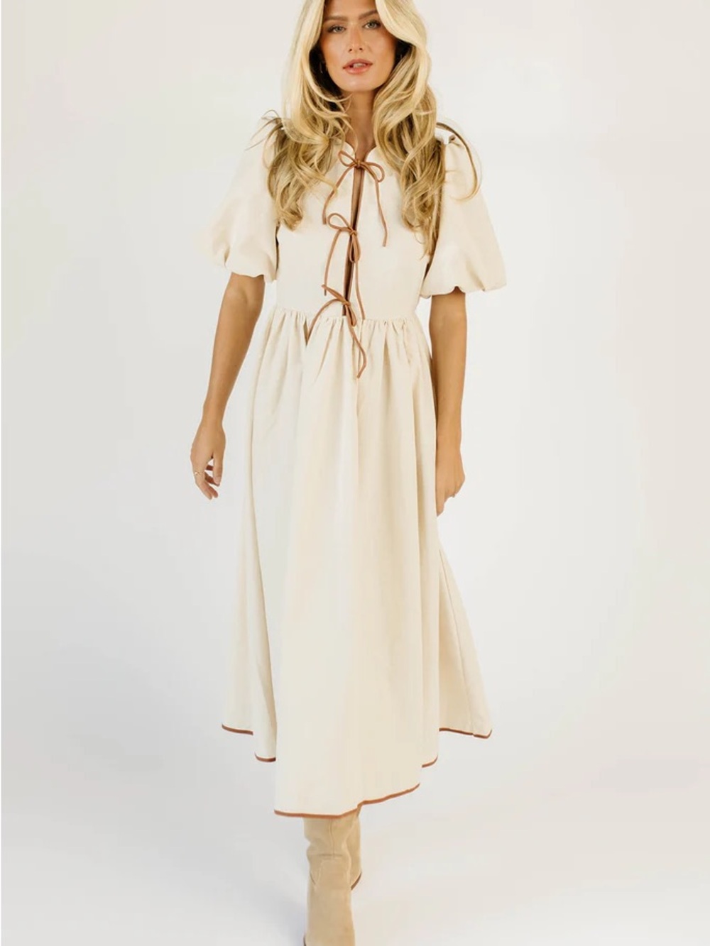 Cream Midi Dress with Puff Sleeves